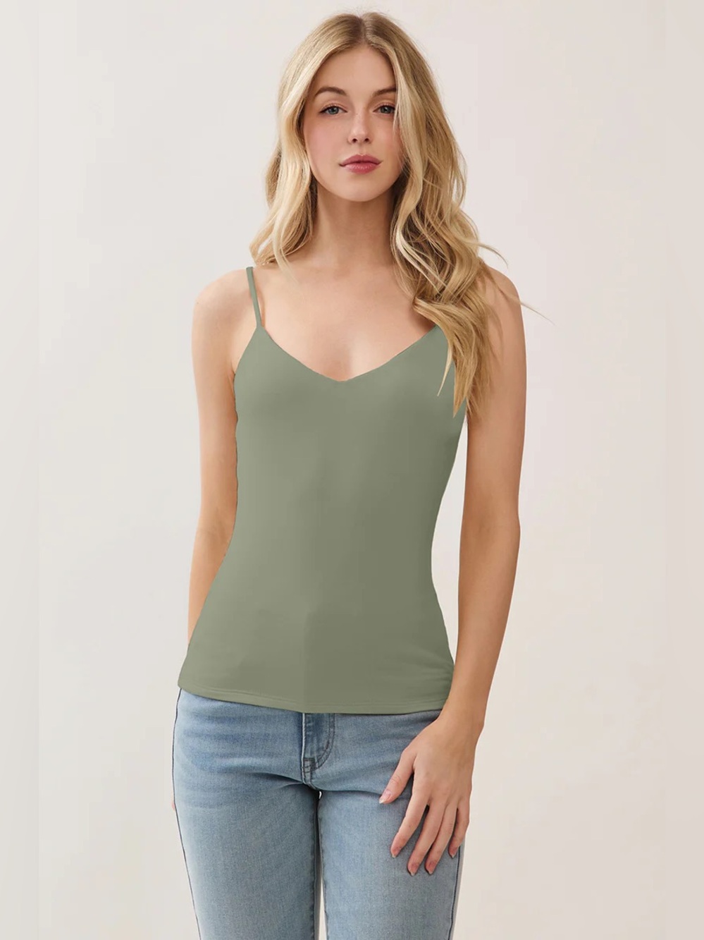 NWT🤩Women’s Soft Sage V-Neck Spaghetti Strap Tank Top SUPER SOFT & Doible Lined